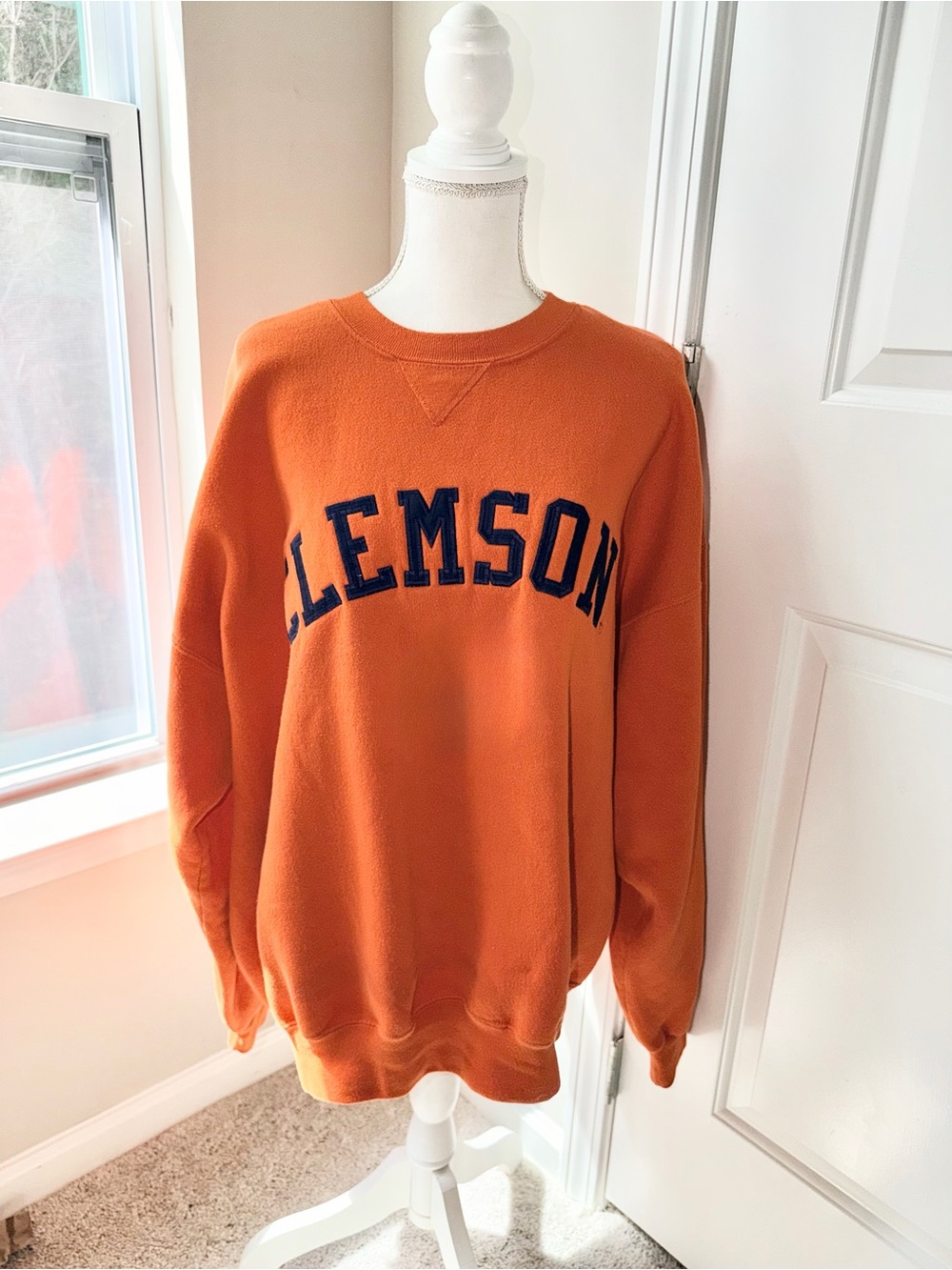 Vintage M.J Soffe Men's Orange Crewneck Sweater with Navy 'CLEMSON' Applique